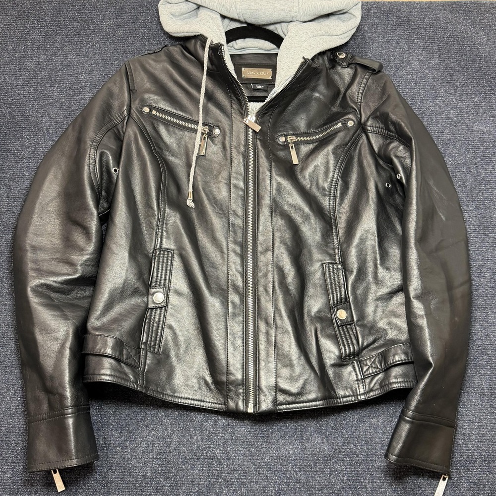 Joujou Jacket Womens Large Black Faux Leather Hooded Moto Zip Pockets Biker